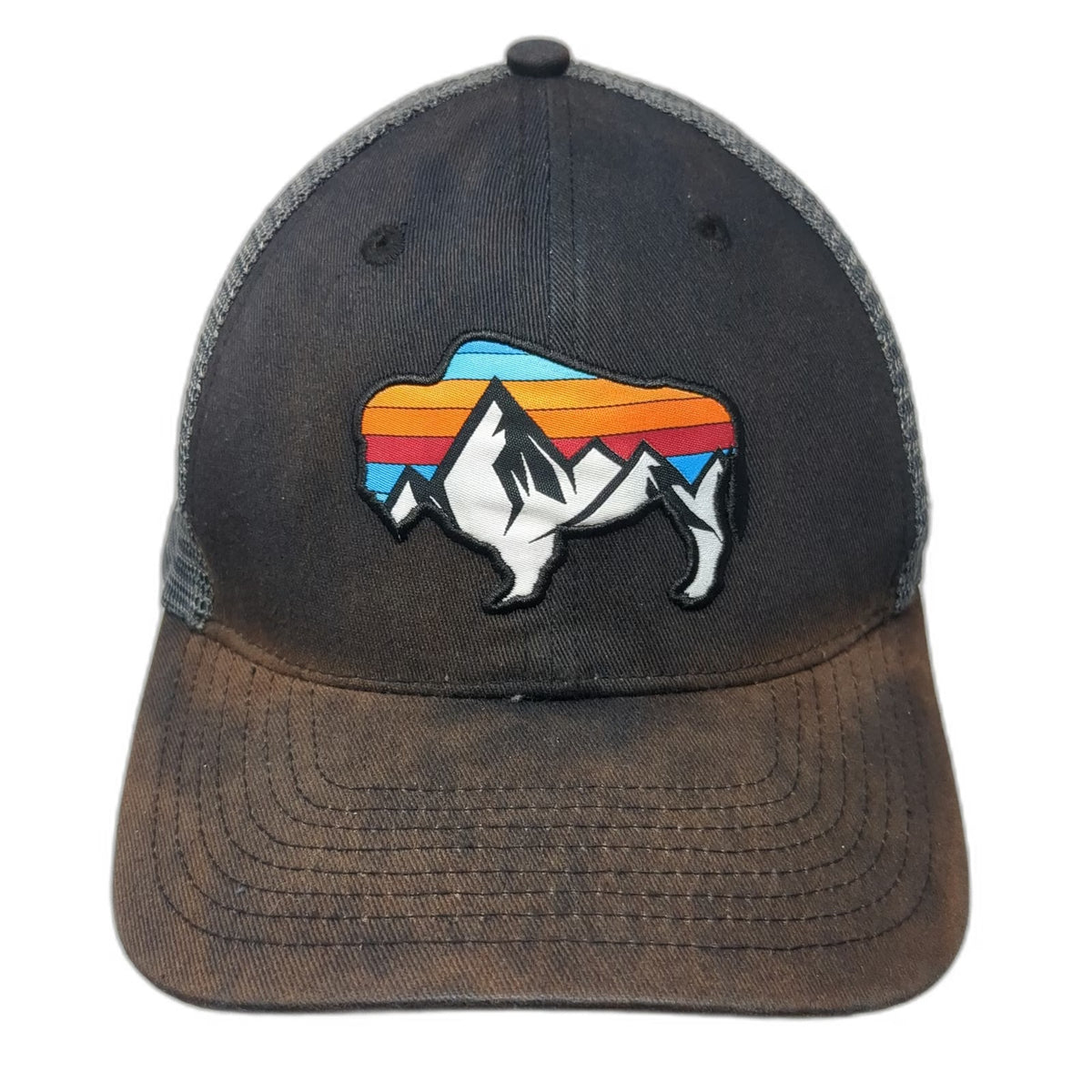 Lrd Buffalo Bison Mountain Patch Trucker Hat Black One Size Mesh Snapback