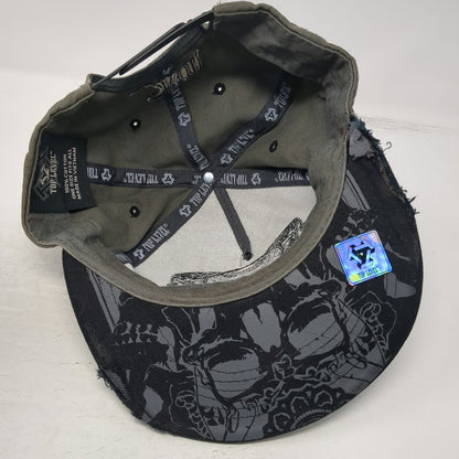 Top Level 5 Panel Green Hat One Size Skull Embroidery Distressed Snapback Biker