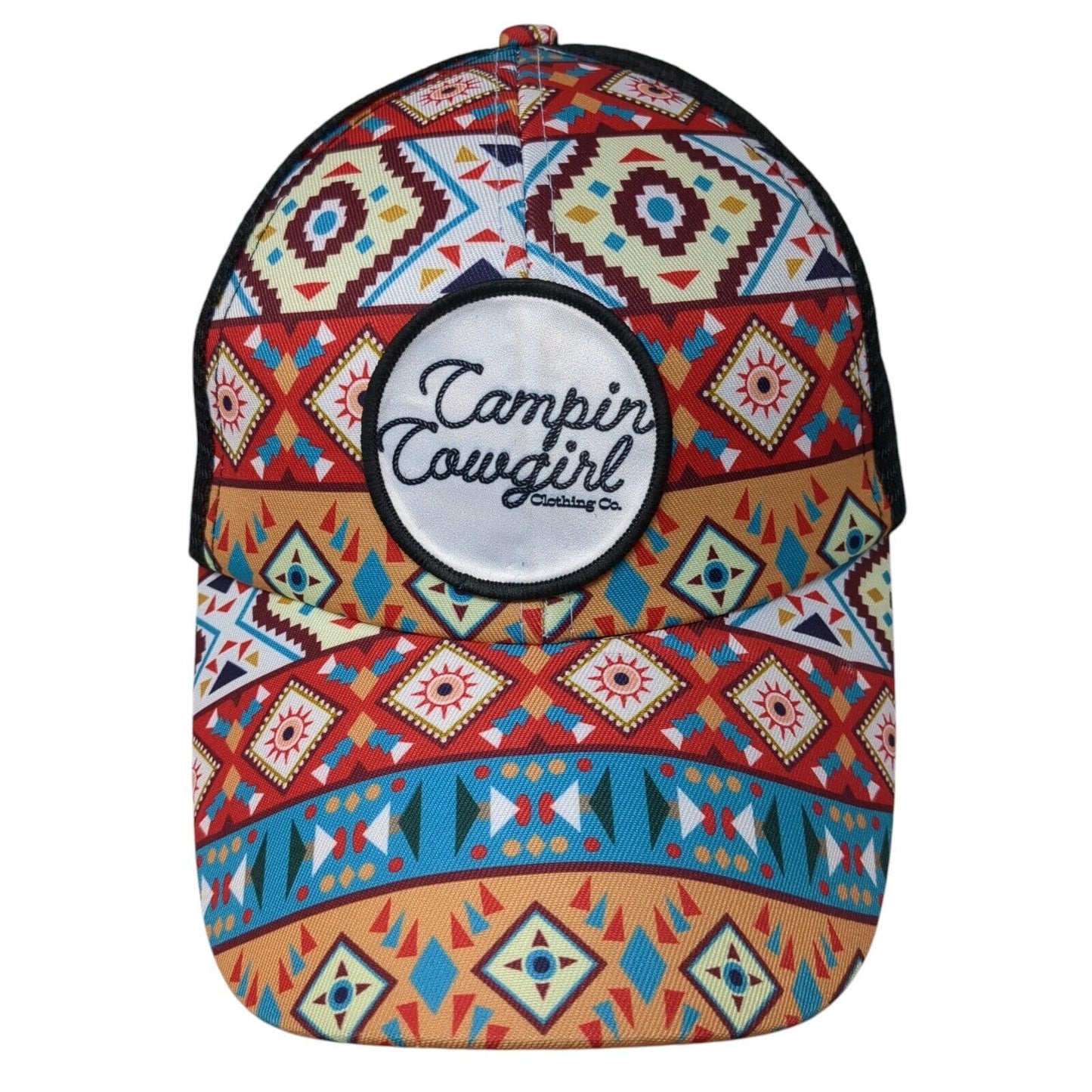 Campin Cowgirl Strapback Trucker Hat Ponytail Multi One Size Aztec
