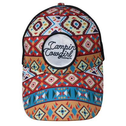 Campin Cowgirl Strapback Trucker Hat Ponytail Multi One Size Aztec