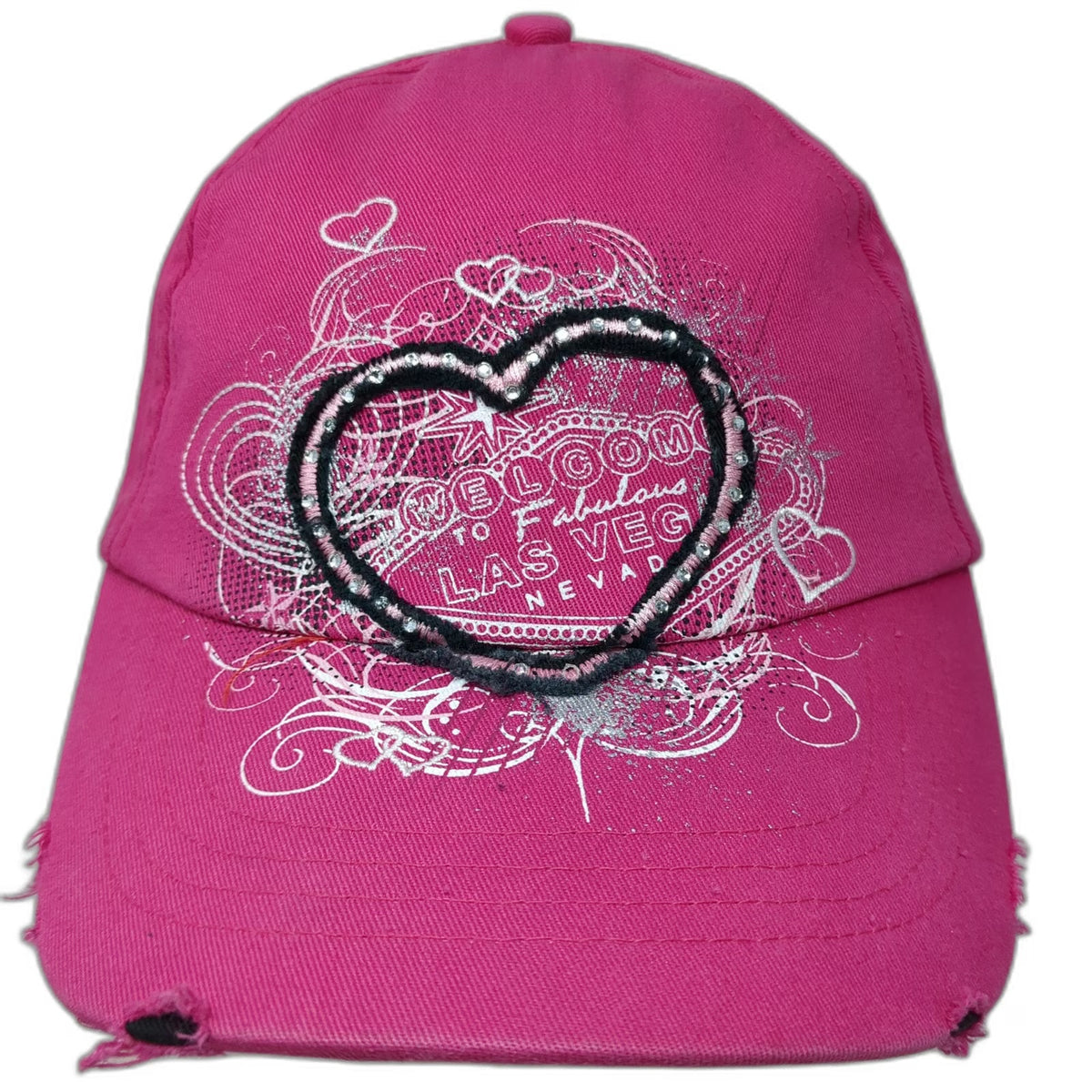 Baseball Cap Pink One Size Las Vegas Heart Distressed Rhinestone Strapback Hat