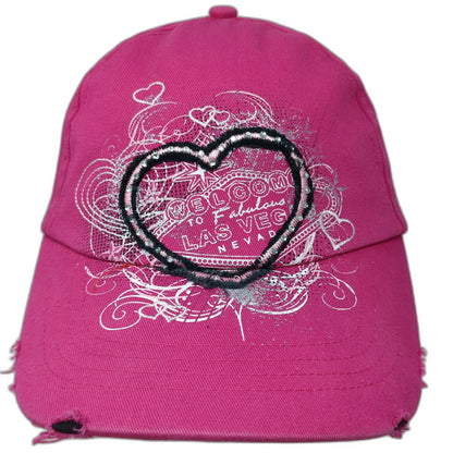 Baseball Cap Pink One Size Las Vegas Heart Distressed Rhinestone Strapback Hat