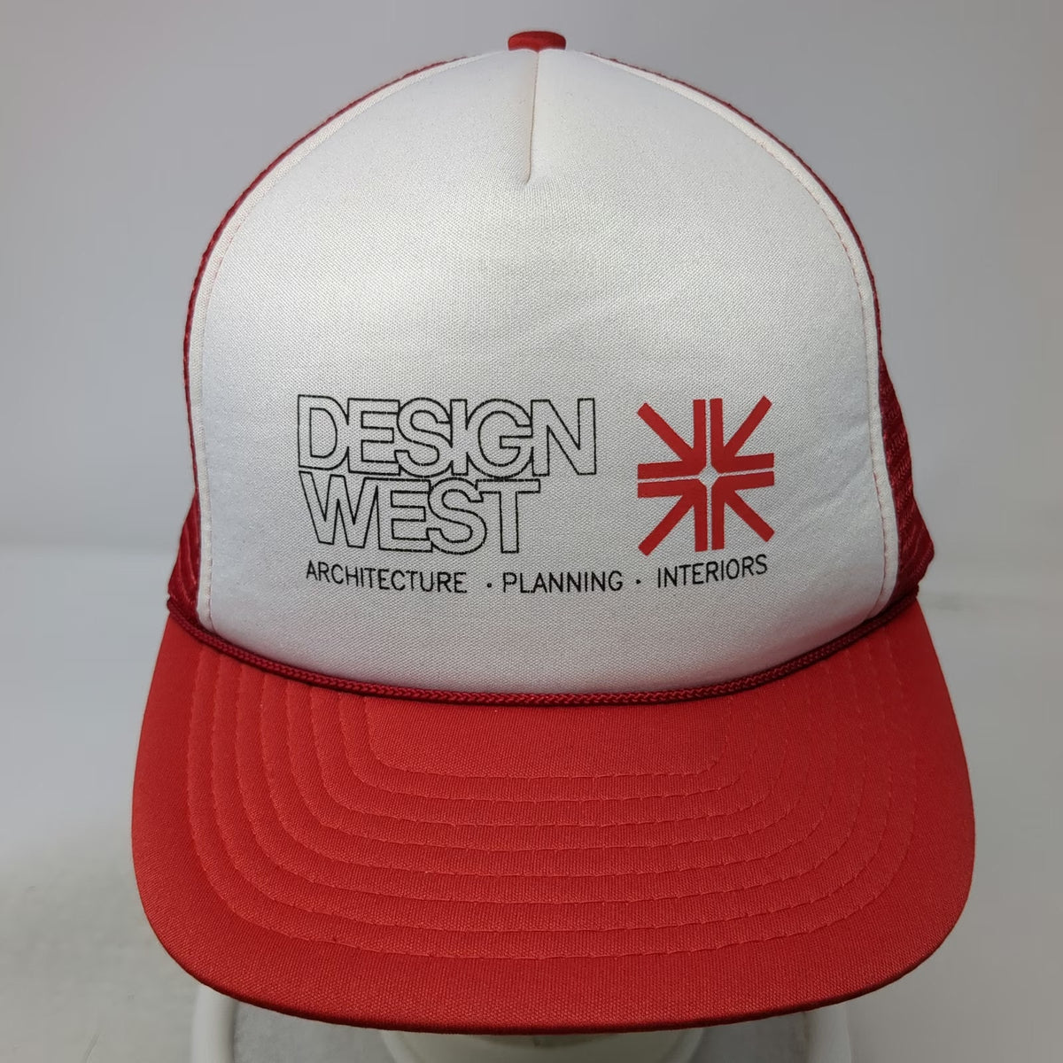 San Sun Design West Architecture Trucker Hat Red White One Size Mesh Snapback