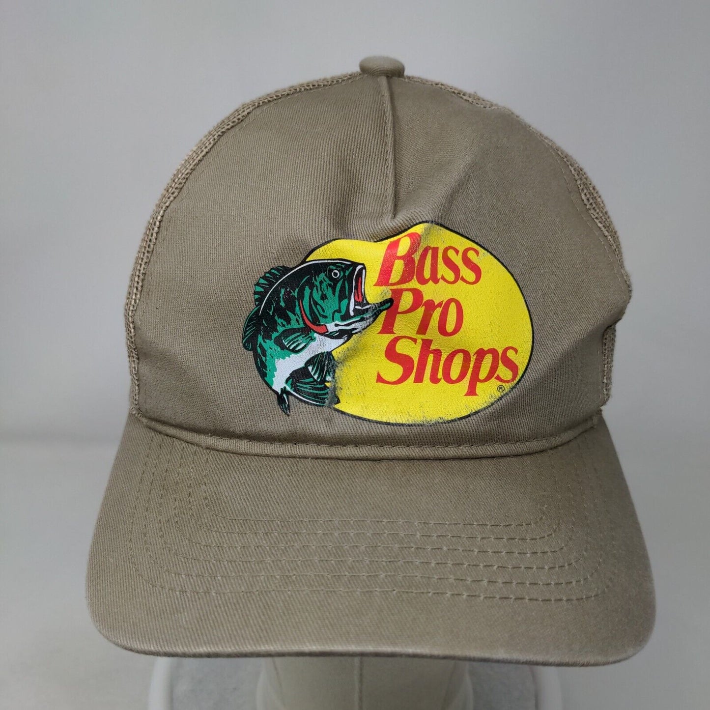 Bass Pro Shops Snapback Trucker Hat Tan OSFM Adjustable Mesh Back Gone Fishing