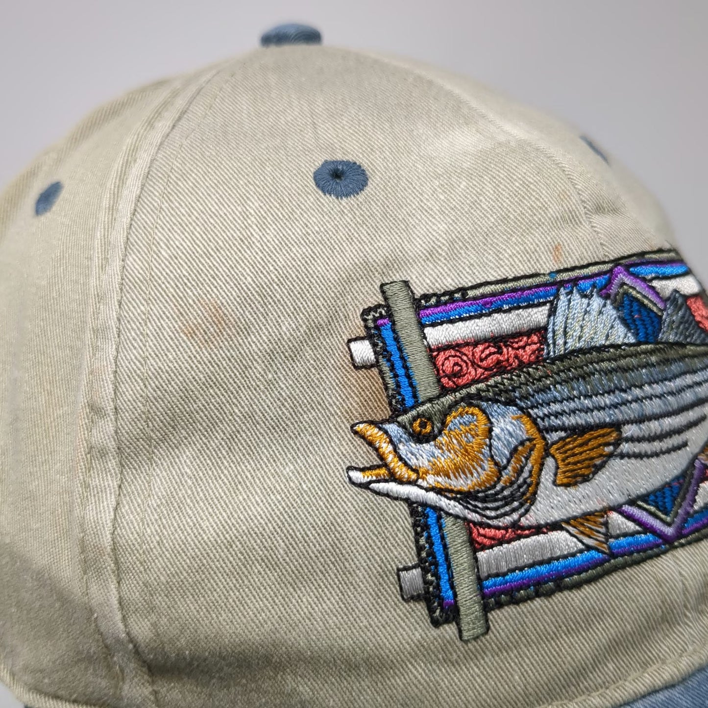 Flying Fisherman Baseball Cap Beige One Size Striped Bass Fishing Hat Strapback