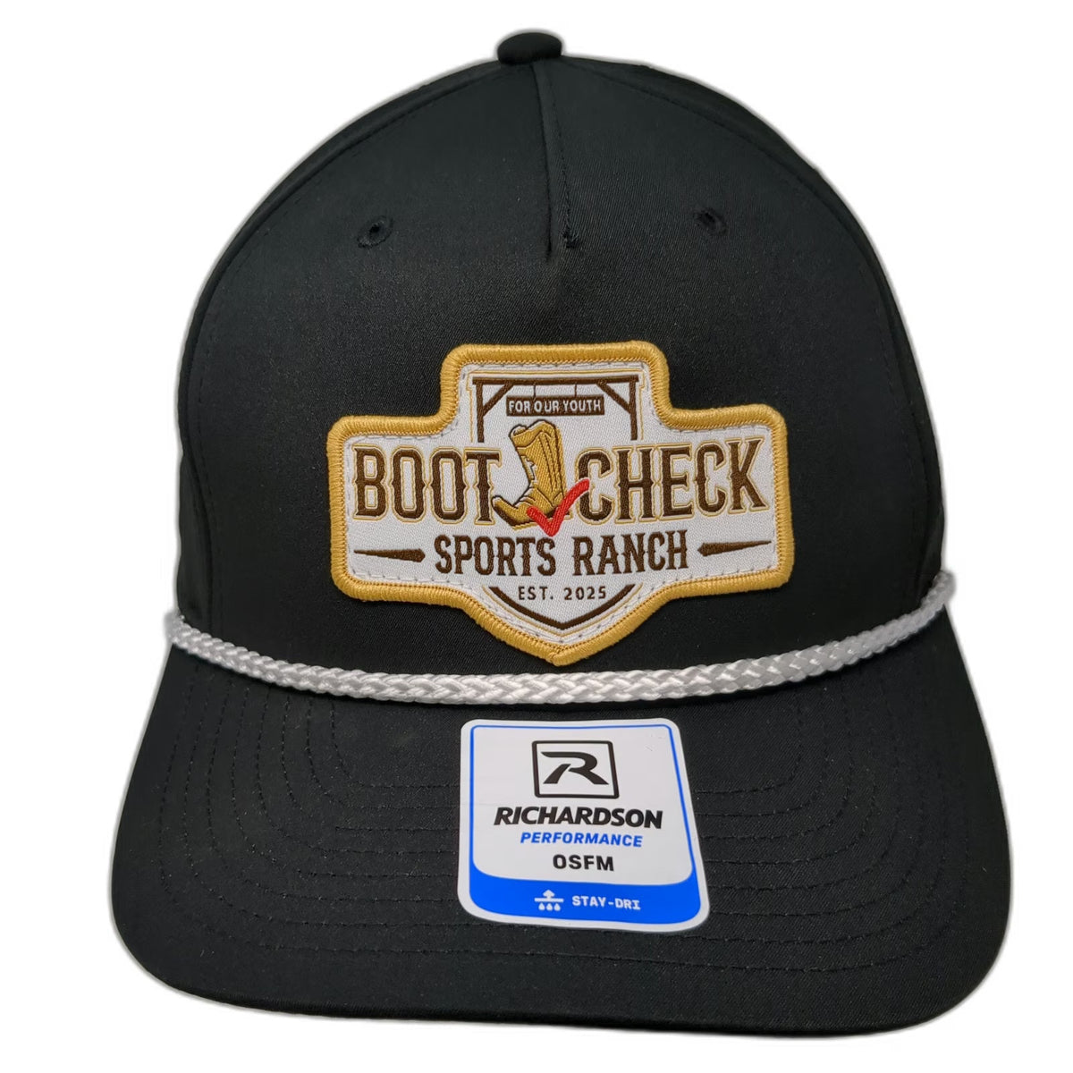 Richardson 5 Panel Hat Black One Size Boot Check Sports Ranch Rope Snapback