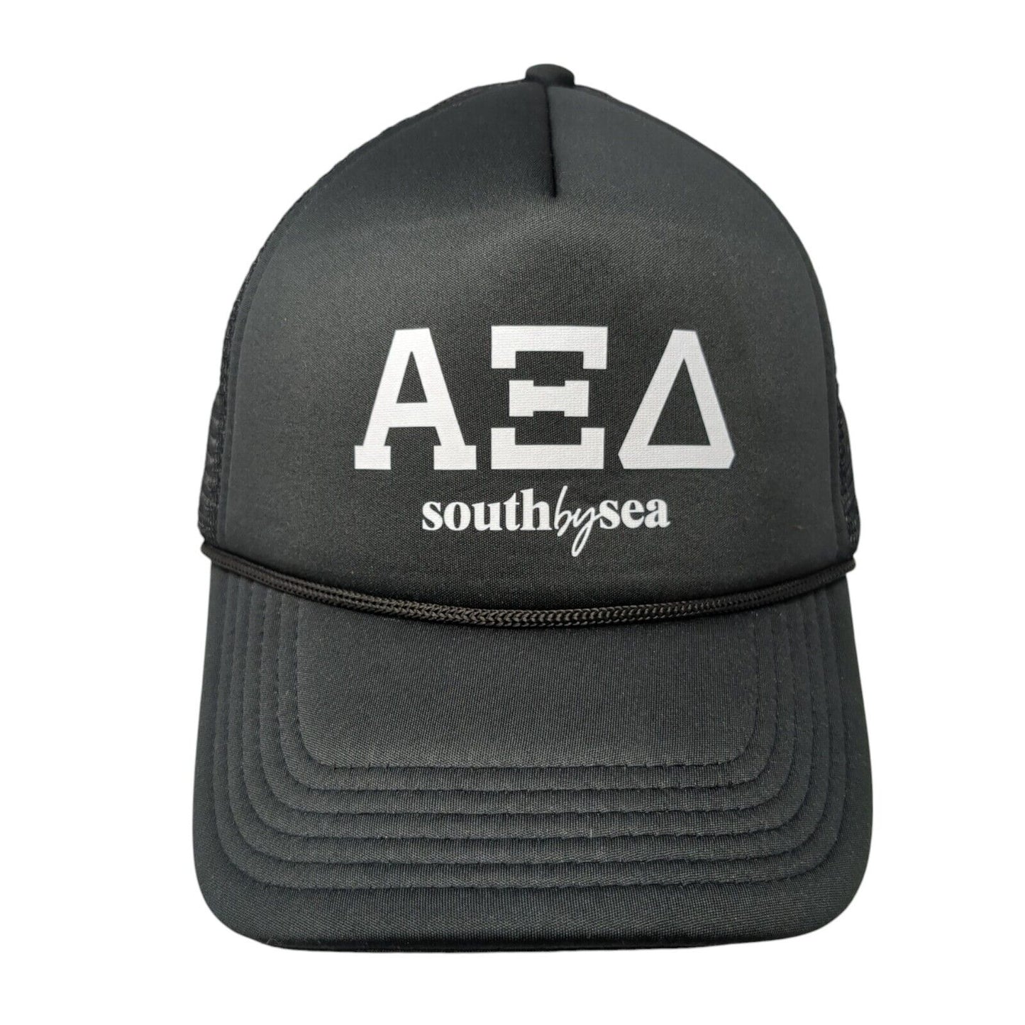 Alpha XI Delta South by Sea Snapback Trucker Hat Black One Size Mesh Back Rope