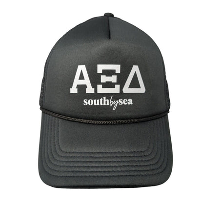 Alpha XI Delta South by Sea Snapback Trucker Hat Black One Size Mesh Back Rope