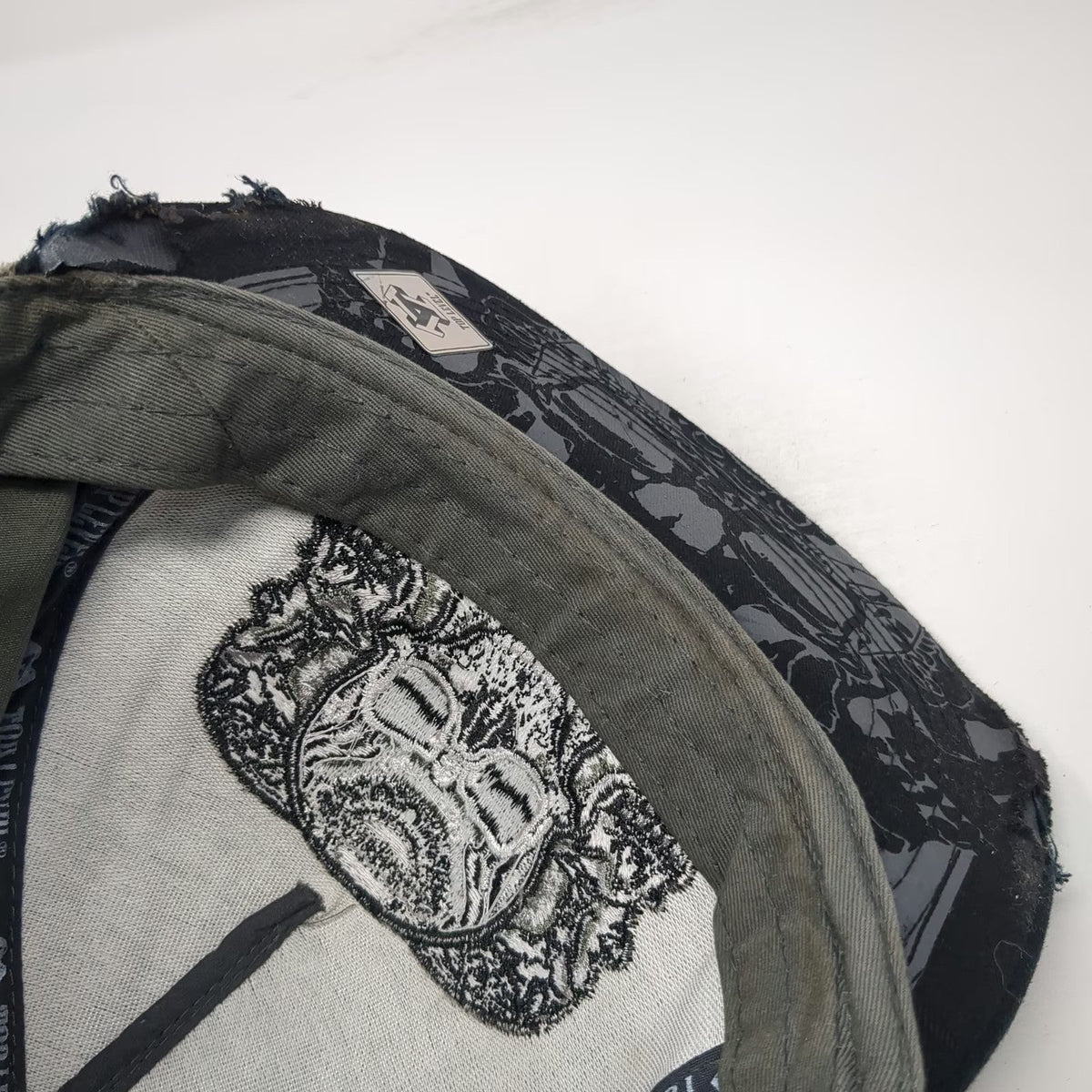 Top Level 5 Panel Green Hat One Size Skull Embroidery Distressed Snapback Biker