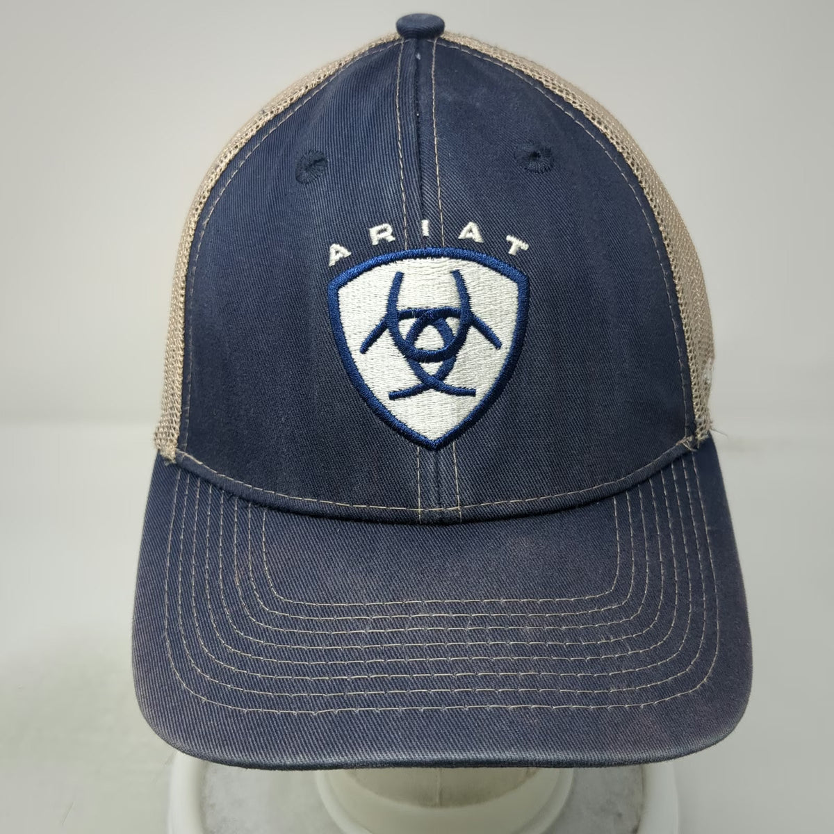 Ariat Trucker Hat Blue One Size Mesh Snapback Shield Logo Beige Stitching