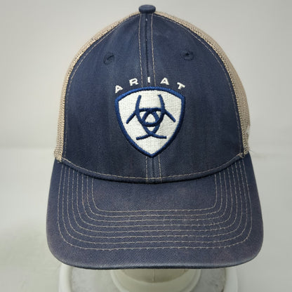Ariat Trucker Hat Blue One Size Mesh Snapback Shield Logo Beige Stitching