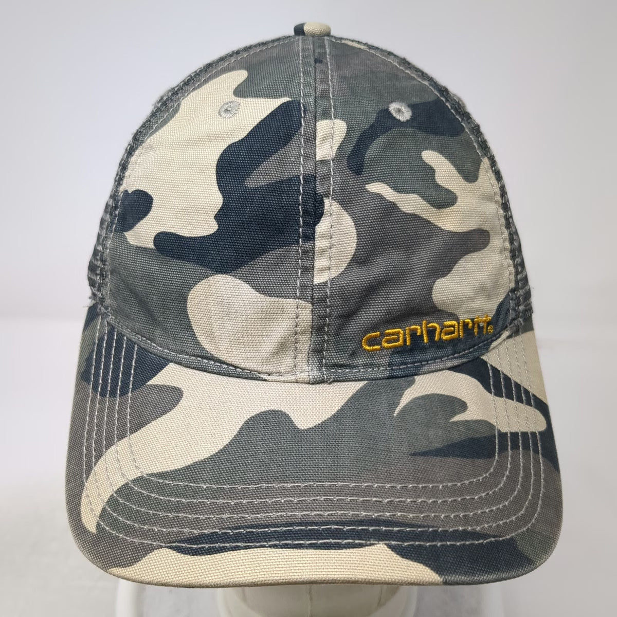 Carhartt Trucker Hat Gray Green Camo One Size Mesh Snapback Yellow Logo Outdoor