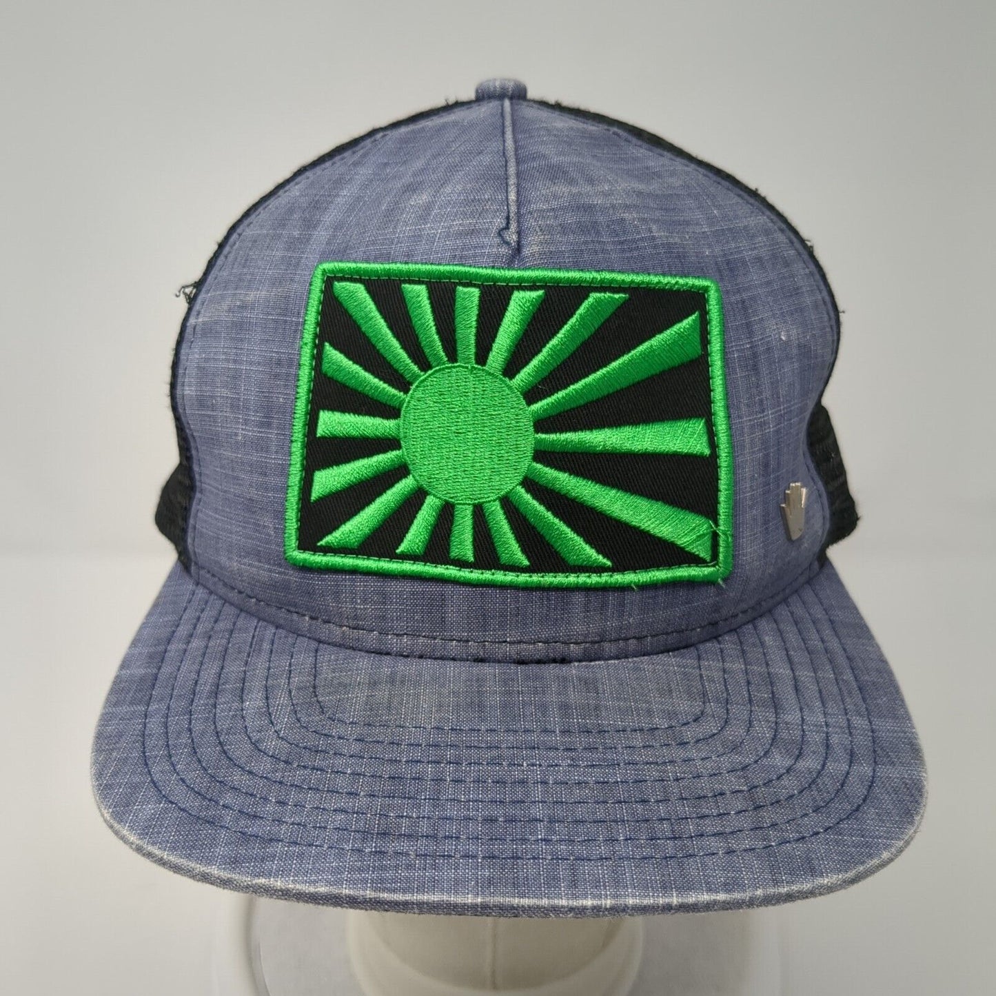 Rising Sun Patch Snapback Trucker Hat Blue One Size Mesh Back Adjustable