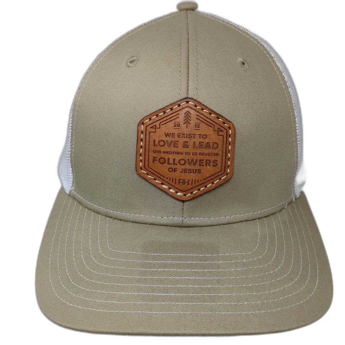 Richardson Trucker Hat Beige One Size Leather Patch Followers of Jesus Mesh