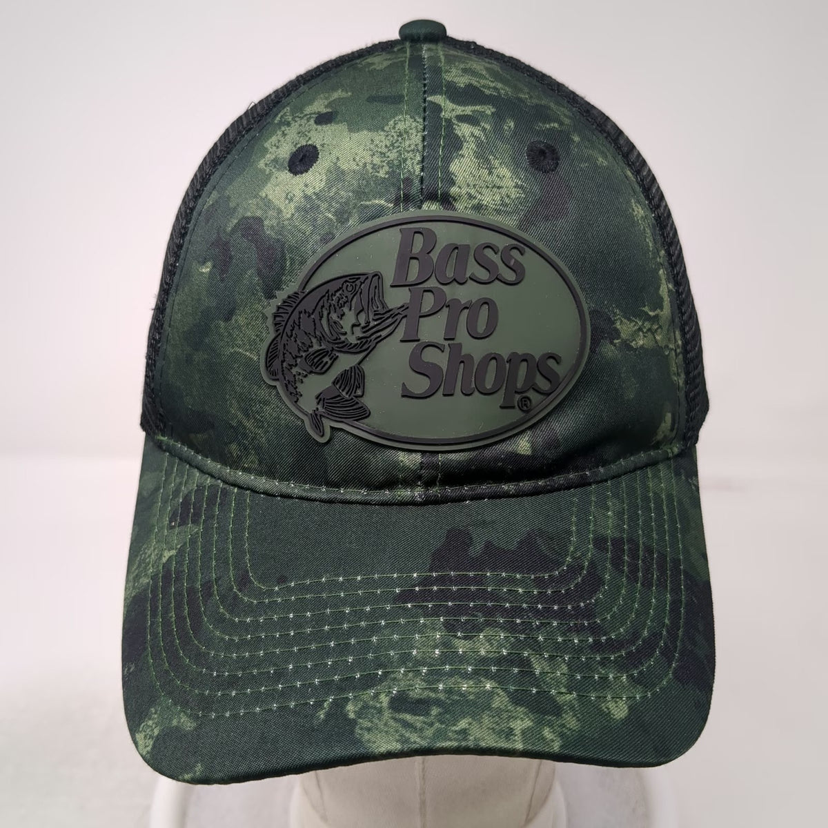 Bass Pro Shops Trucker Hat Green One Size Mesh Back Camo Rubberized Logo Patch