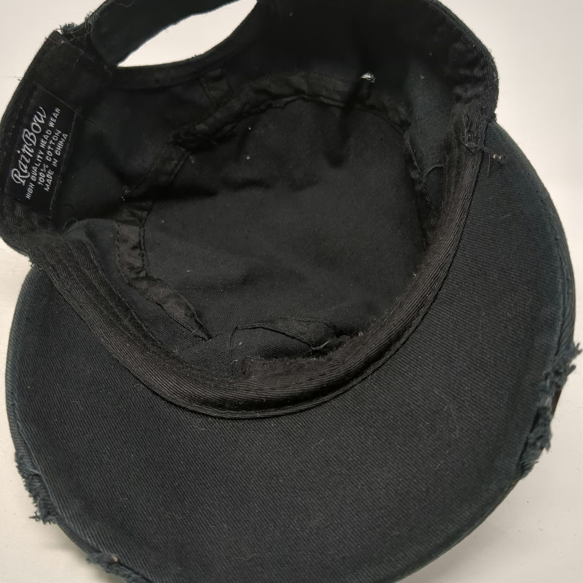 RainBow Army Cap Black OSFM Fleur De Lis Rhinestone Distressed Pink Stitch Hat