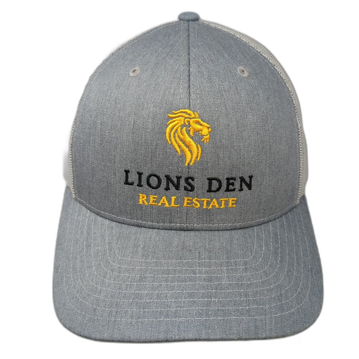 Richardson 112 Trucker Hat Gray OSFM Lions Den Real Estate Logo Snapback Mesh