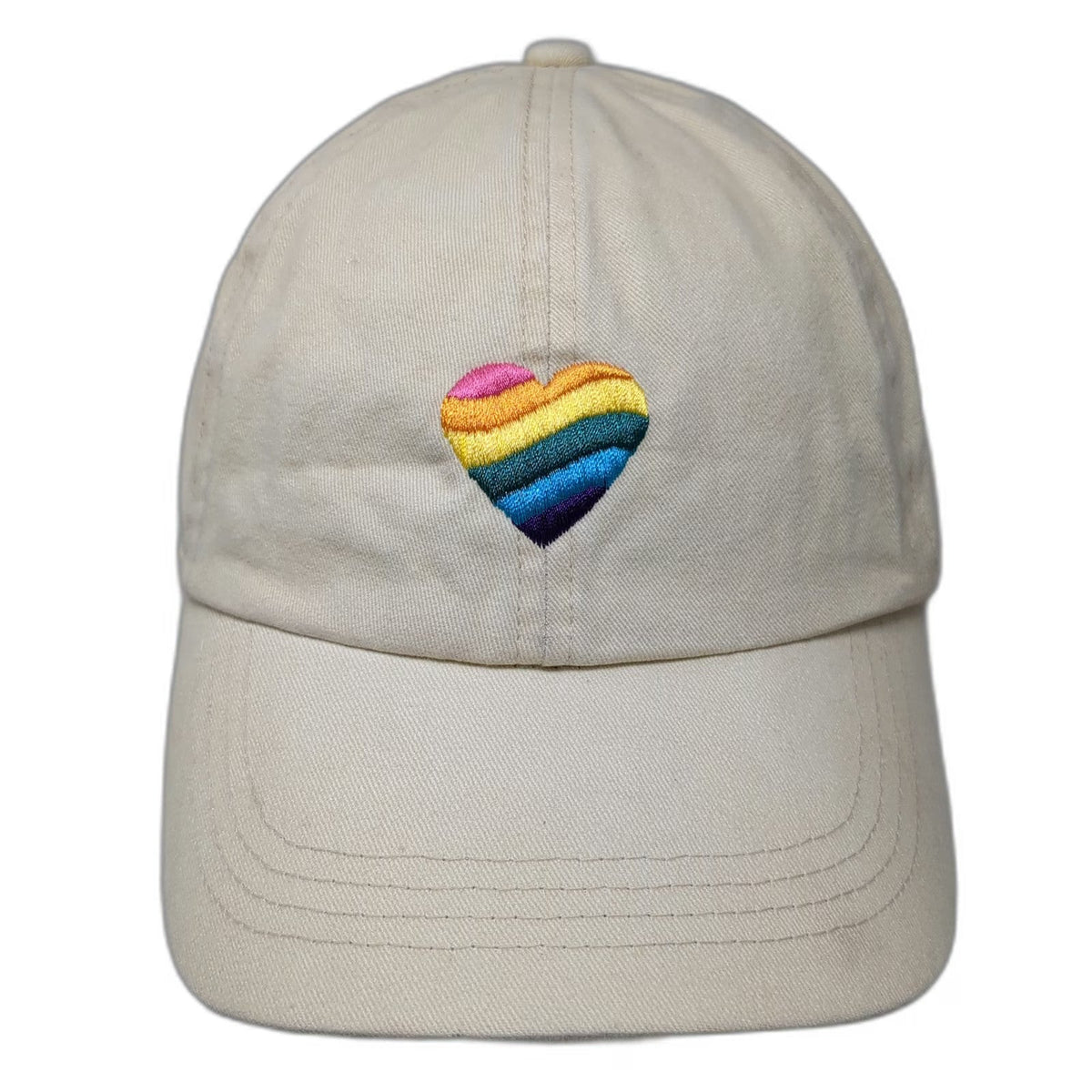 Beige Baseball Cap One Size Rainbow Heart Embroidery Slideback Hat Pink Blue