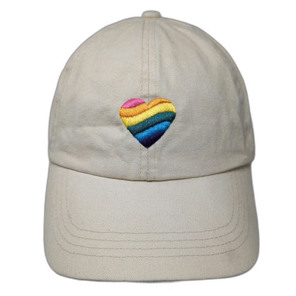 Beige Baseball Cap One Size Rainbow Heart Embroidery Slideback Hat Pink Blue