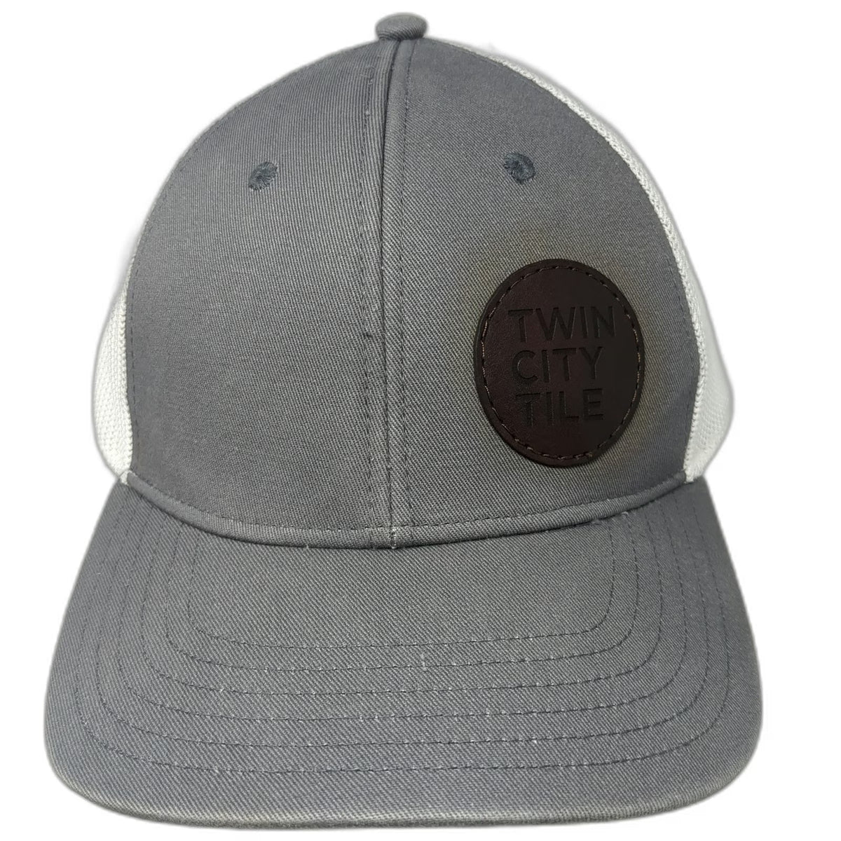 Outdoor Cap Trucker Hat Gray White OSFM Snapback Twin City Tile Leather Patch