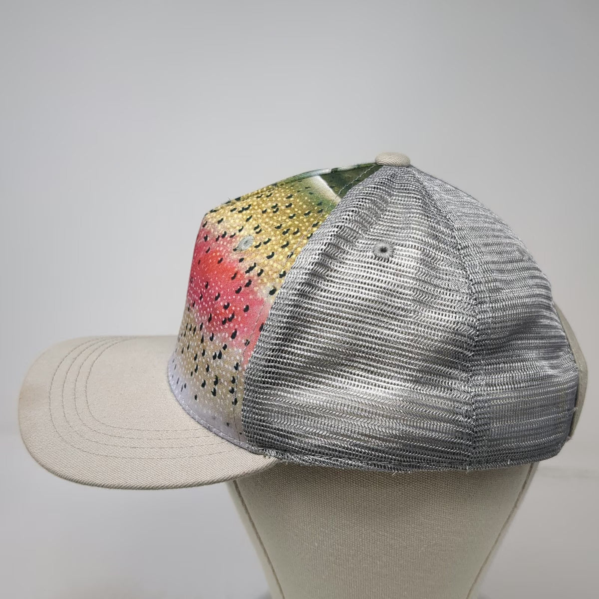 RepYourWater Trucker Hat Gray Beige One Size Rainbow Trout Fish Mesh Back