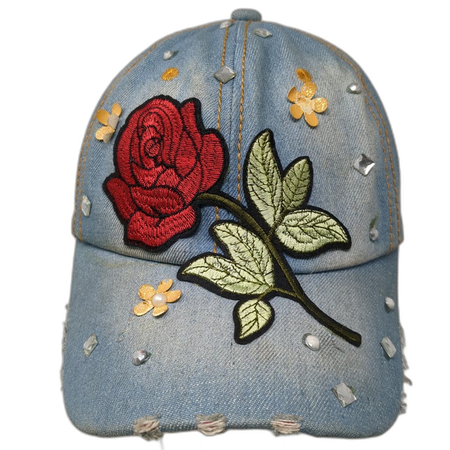Blue Baseball Cap One Size Rose Embroidery Rhinestone Floral Stud Denim Hat
