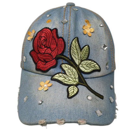 Blue Baseball Cap One Size Rose Embroidery Rhinestone Floral Stud Denim Hat