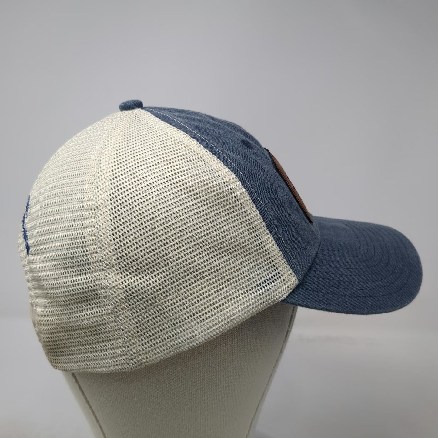 Sportsman Trucker Hat Blue White One Size Leather Patch Mesh St John USVI Bar