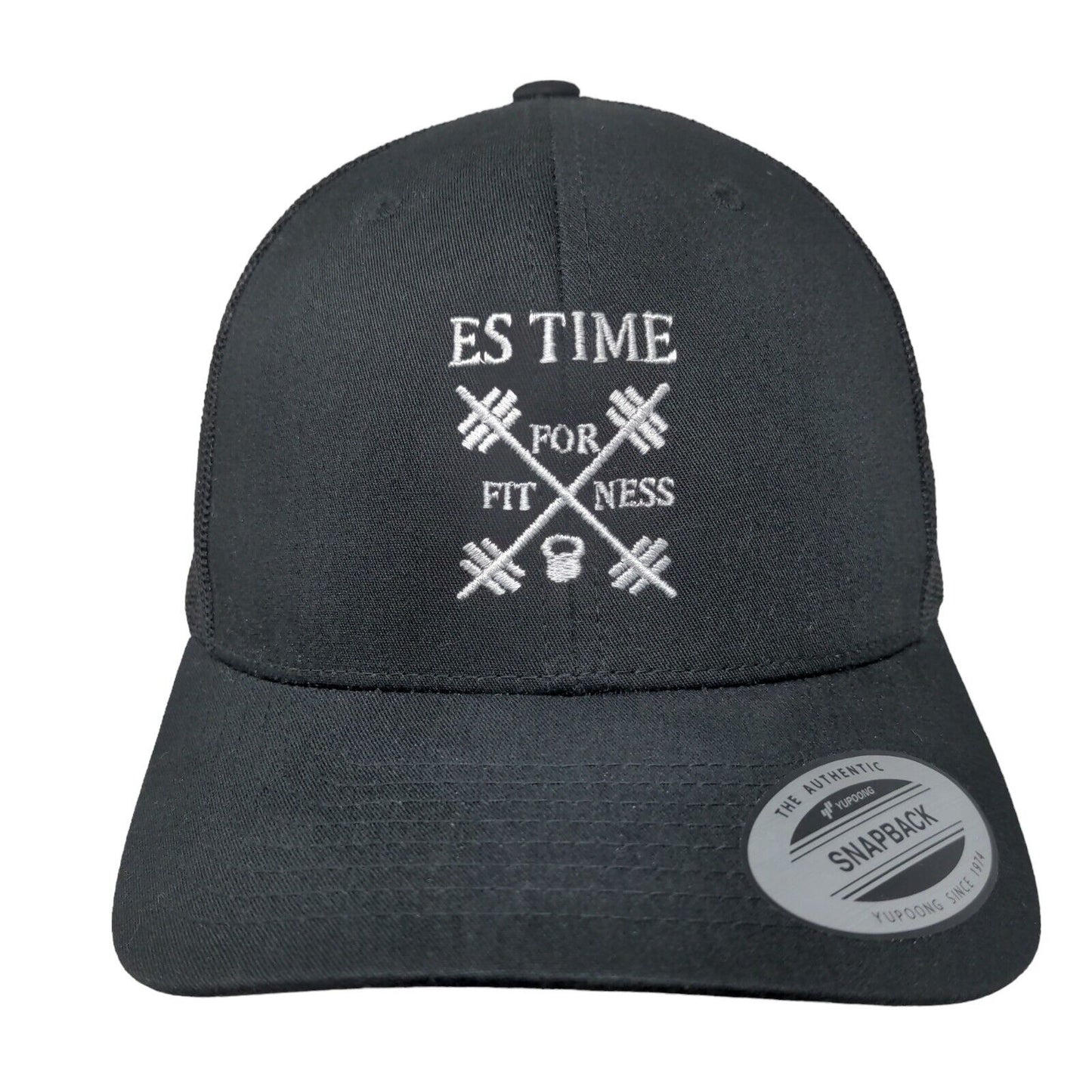 ES Time For Fitness Snapback Mesh Back Trucker Hat Black One Size Embroidered