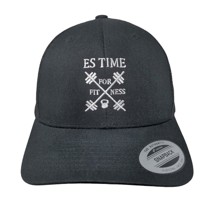 ES Time For Fitness Snapback Mesh Back Trucker Hat Black One Size Embroidered