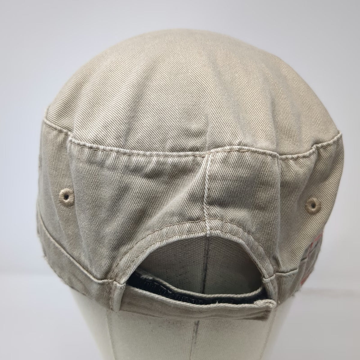 DPC Army Cap Beige One Size Frayed Brim Red Cross Stitch Cotton Twill Hat