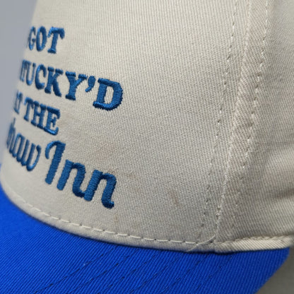White Blue 5 Panel Hat One Size Montucky Cold Snacks Yeehaw Inn Snapback Beer