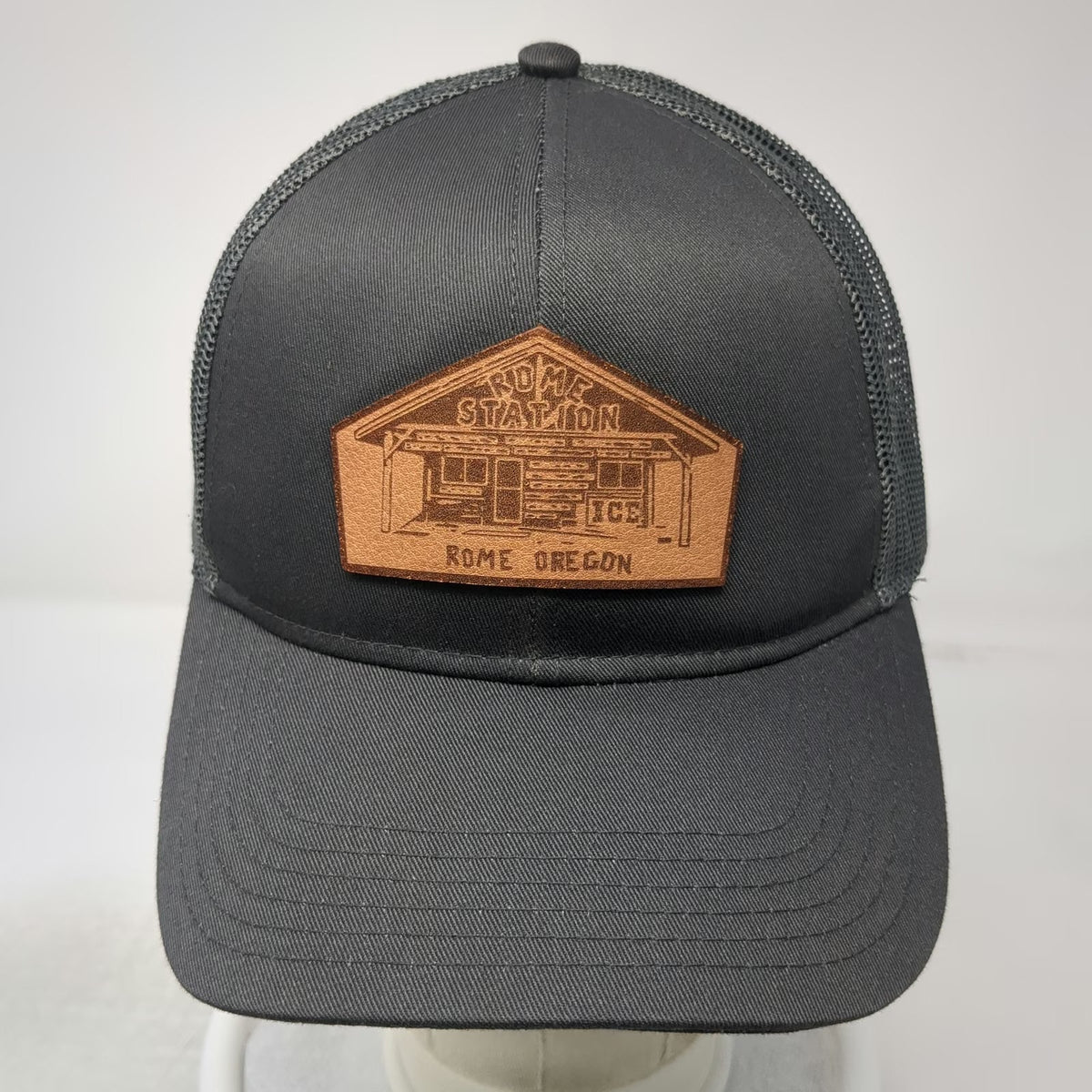 Otto Trucker Hat Gray OSFM Rome Station Oregon Leather Patch Adjustable Mesh Cap