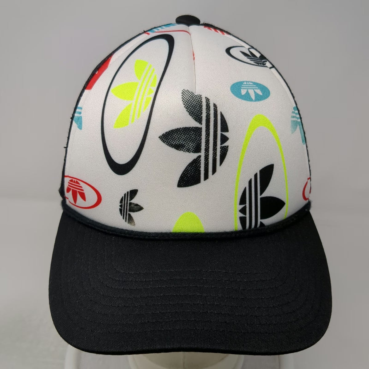 Adidas Trucker Hat White Black One Size Mesh All Over Trefoil Logo Snapback