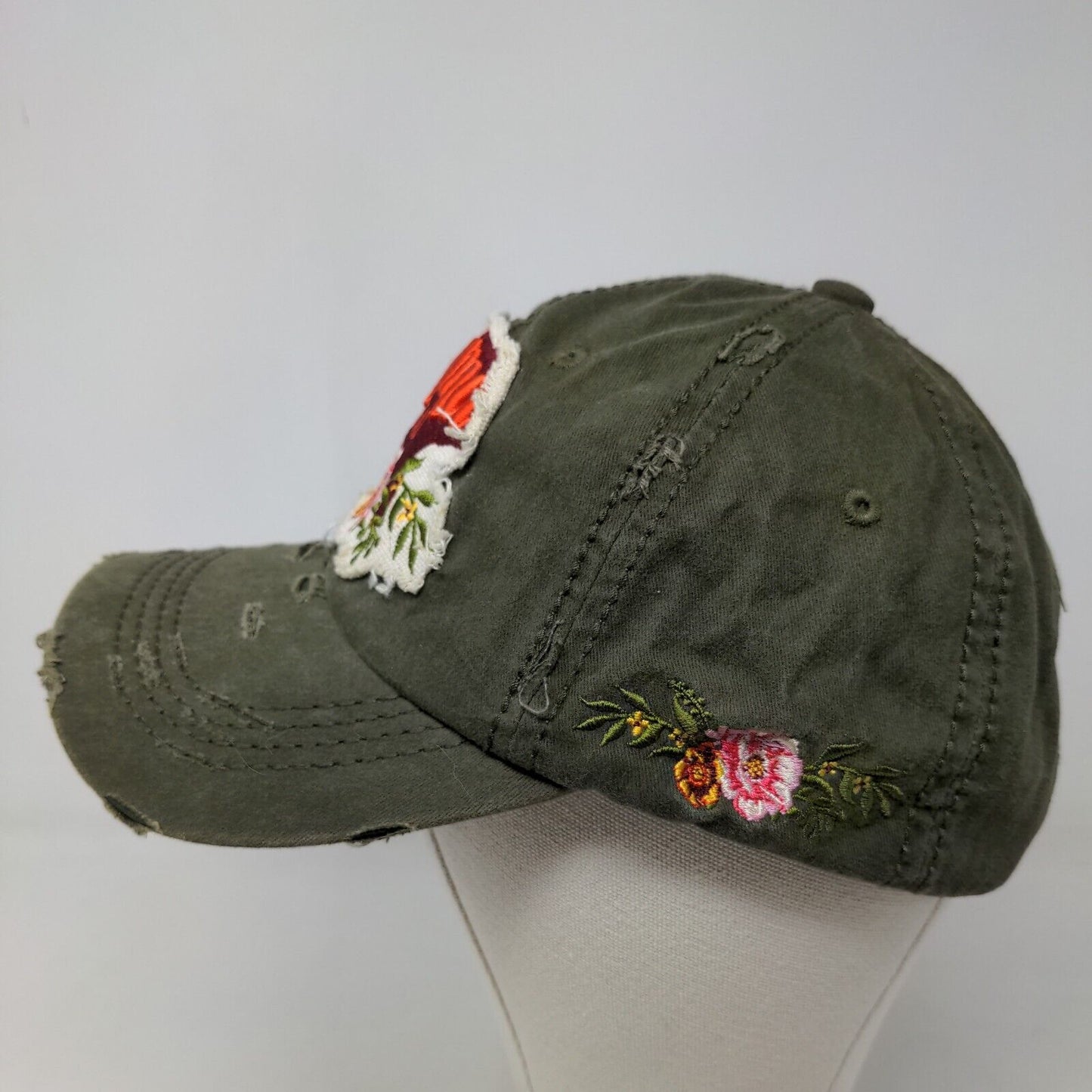 4350 District Women's Strapback Hat Green Embroidered Mama Bear Logo Cotton