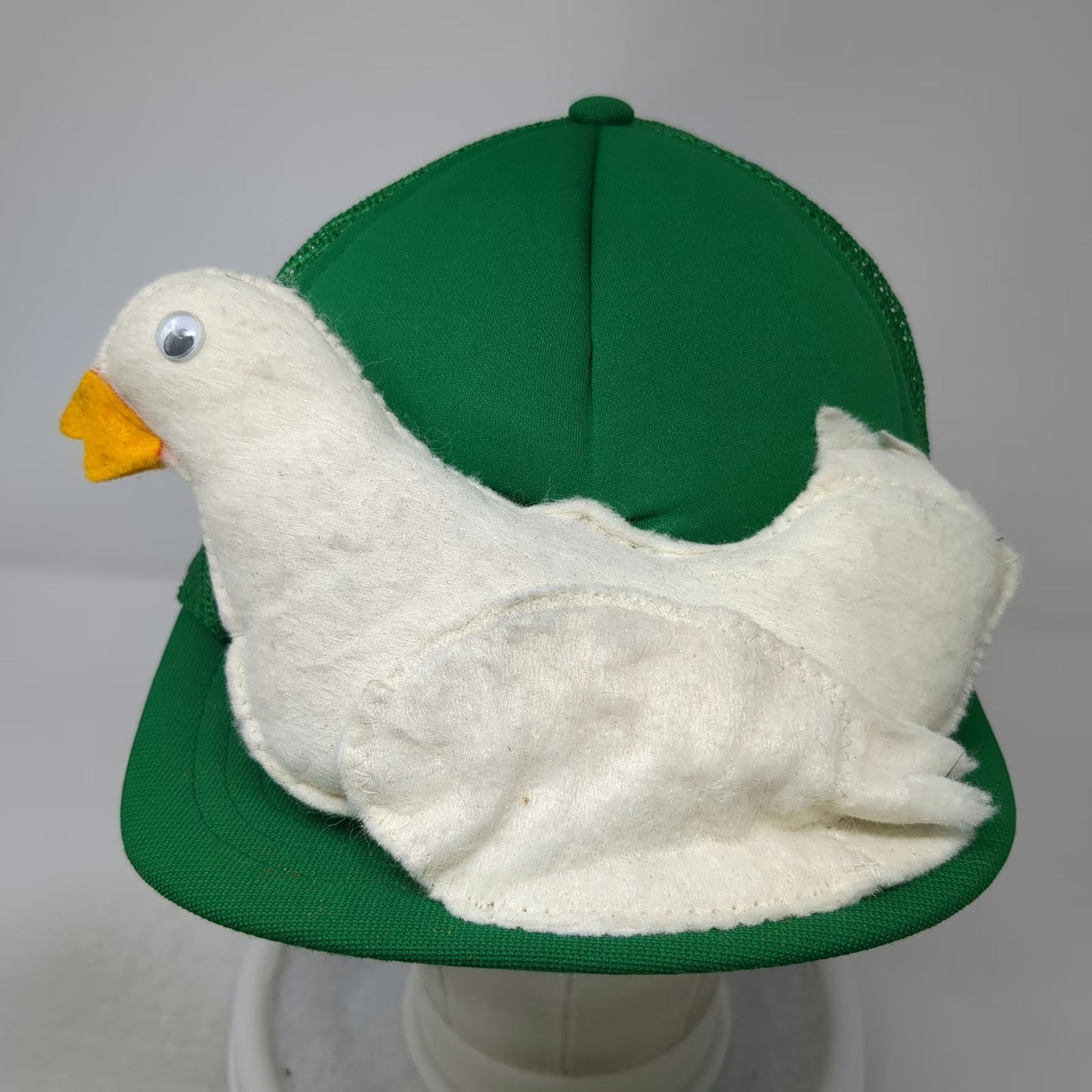 Green White Trucker Hat 3D Plush Bird Duck Chicken Novelty Foam Mesh Gag Vintage