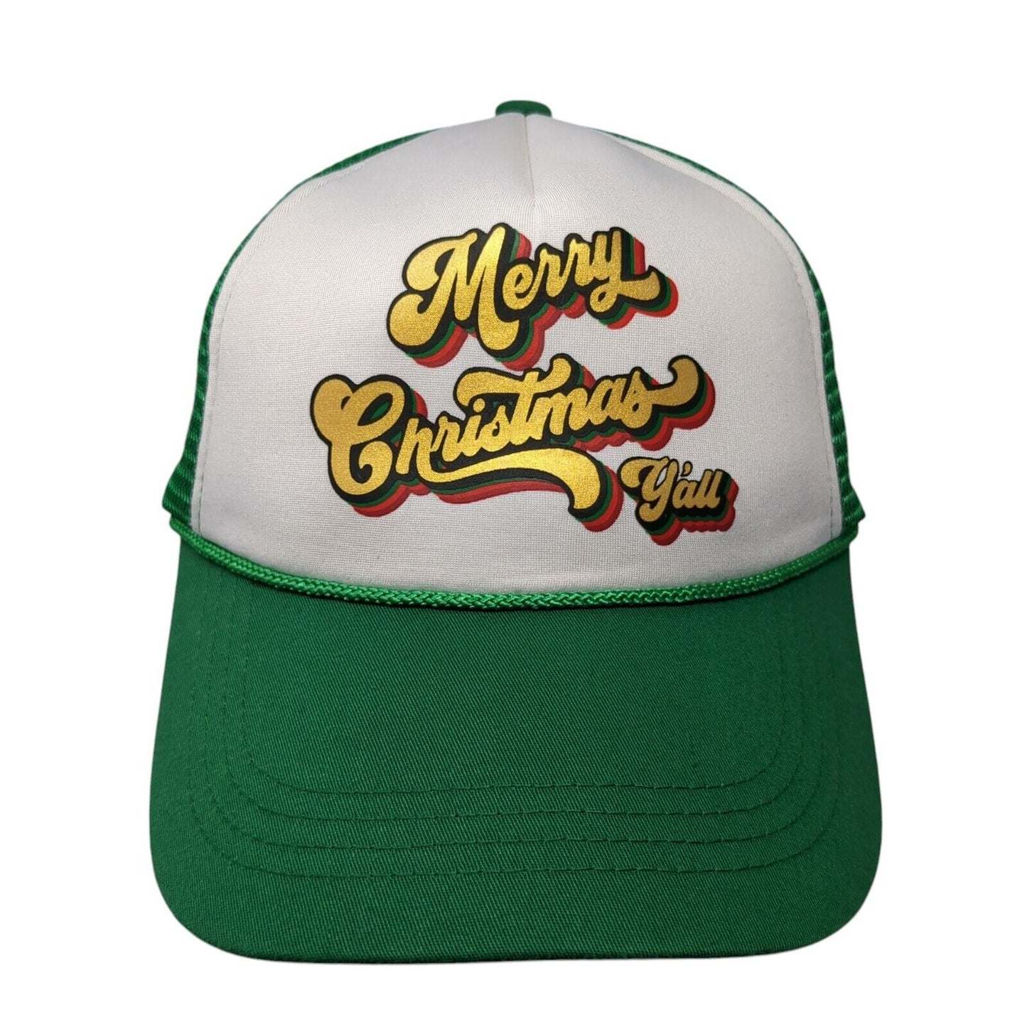 Merry Christmas Y’all Snapback Rope Trucker Hat Green One Size Mesh Back