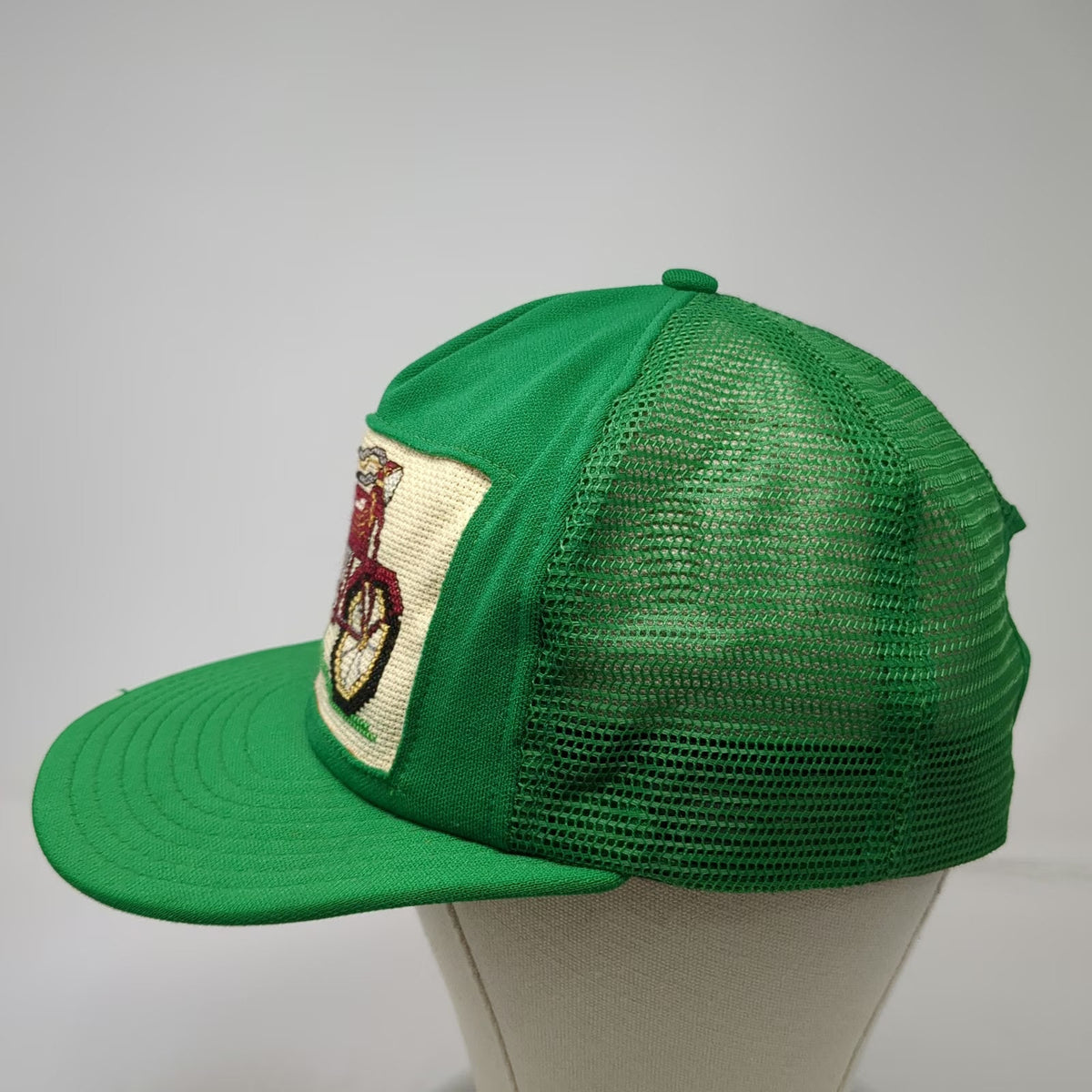 Seebo's Creations Trucker Hat Green Motorcycle Needlepoint Patch USA Vintage