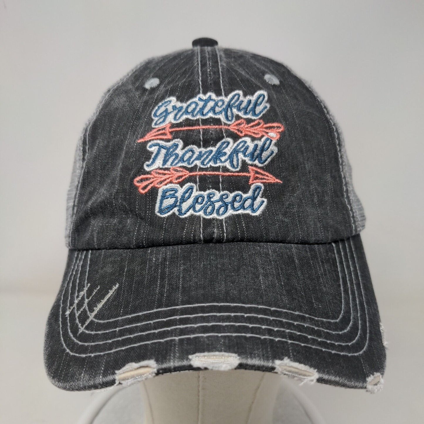 Grateful Thankful Blessed Trucker Hat Gray One Size Mesh Back Distressed Katydid