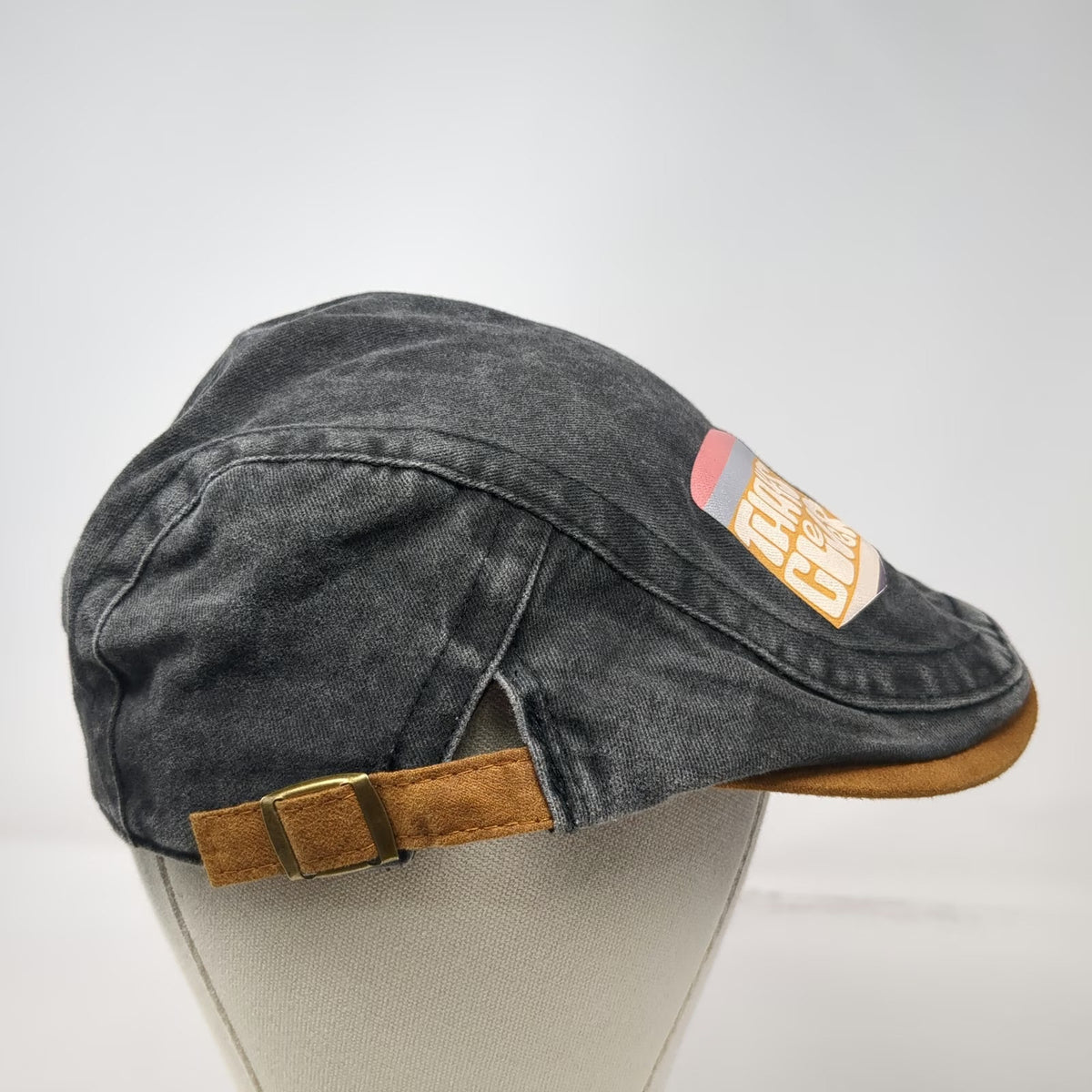KB Ethos Newsboy Cap Gray One Size Acid Wash Cotton Brown Faux Suede Bill Hat