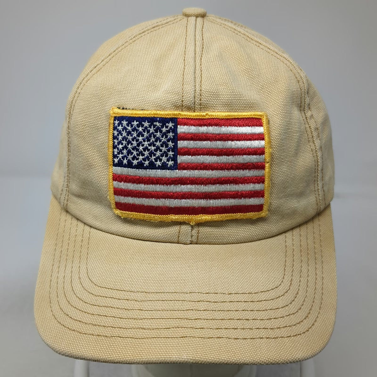 P-Tag Baseball Cap Hat Beige American Flag Patch USA Made Slideback Vintage