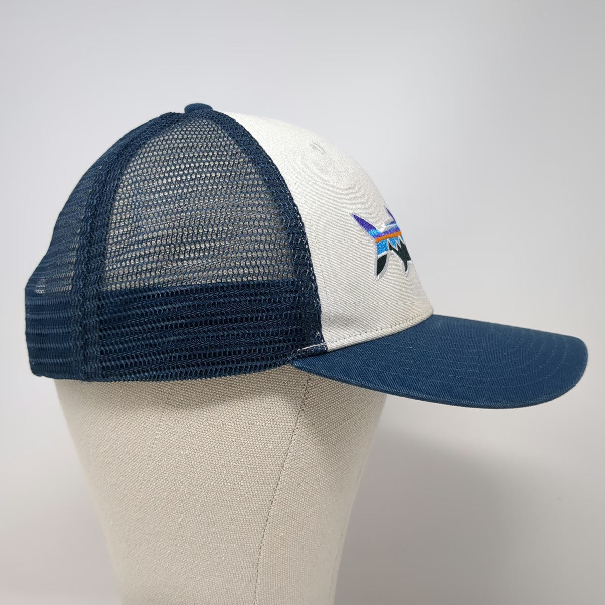 Patagonia Trucker Hat Blue One Size Mesh Back Snapback Fish Mountain Logo Hiking