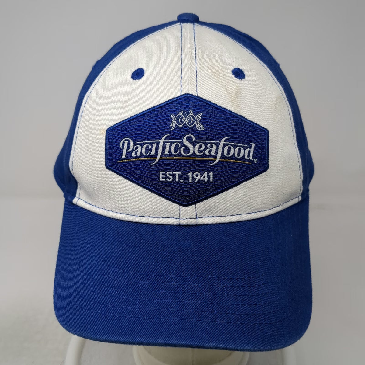 Pacific Seafood Blue White Baseball Cap OSFM Fish Logo Strapback Hat Est 1941