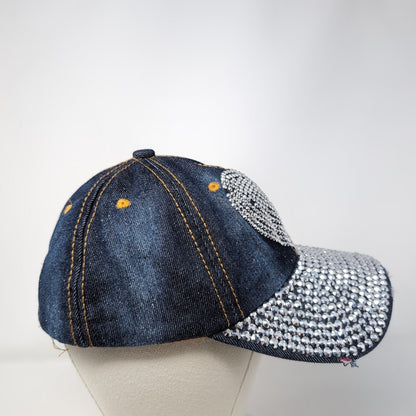 Heart Bling Rhinestone Strapback Hat Blue One Size Adjustable Distressed Denim