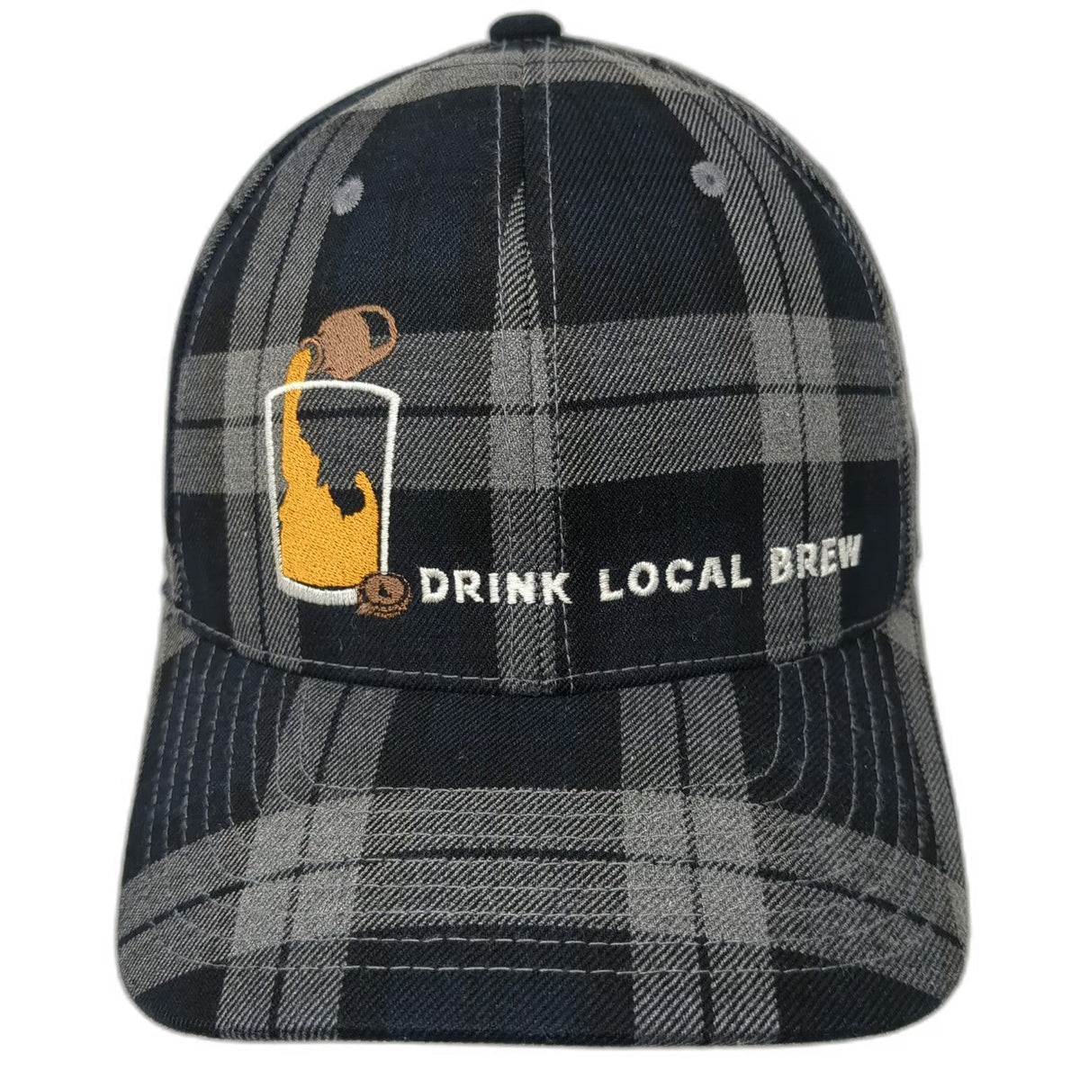 Flexfit Baseball Cap Black Gray M Drink Local Brew Plaid Beer Graphic Hat