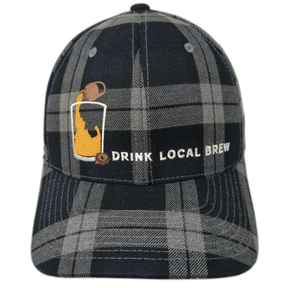 Flexfit Baseball Cap Black Gray M Drink Local Brew Plaid Beer Graphic Hat