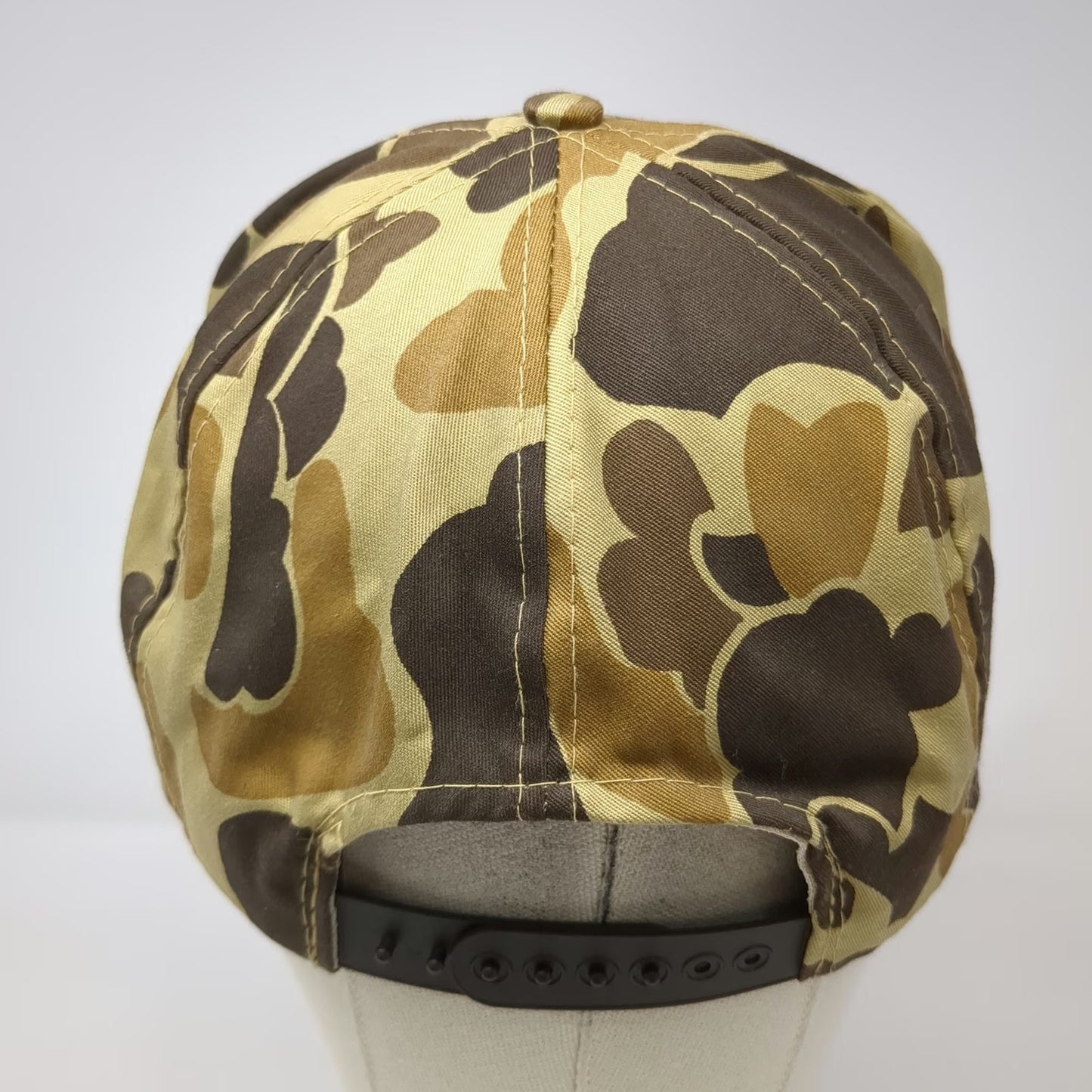 Cabela's 5 Panel Beige Duck Camo Snapback Cotton Flat Brim Script Hat Vintage
