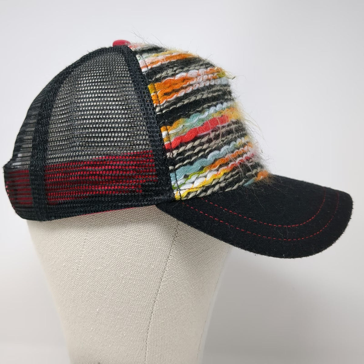 Pistil Trucker Hat Black One Size Knit Front Snapback Mesh Back Striped Wool