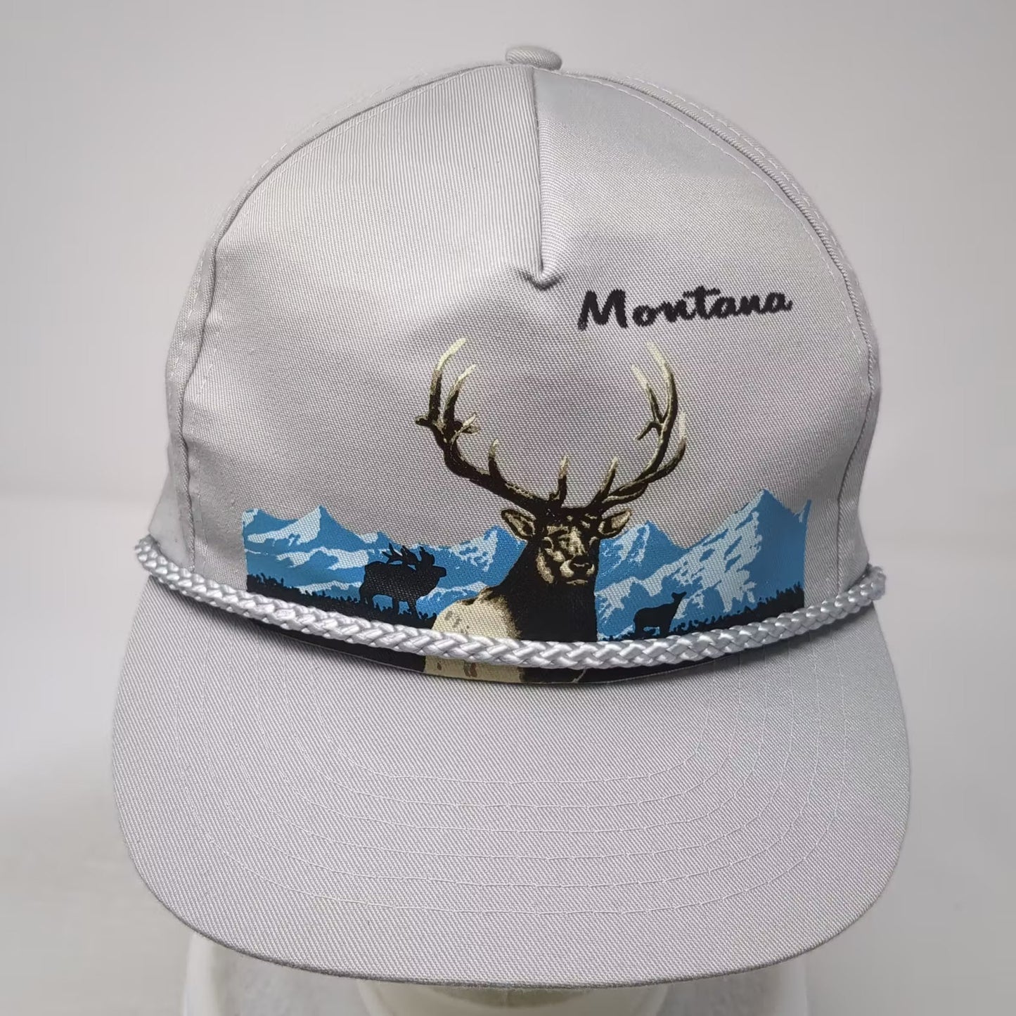 Montana Elk Mountain Scene Gray 5 Panel Snapback Hat OS Adjustable Rope Vintage