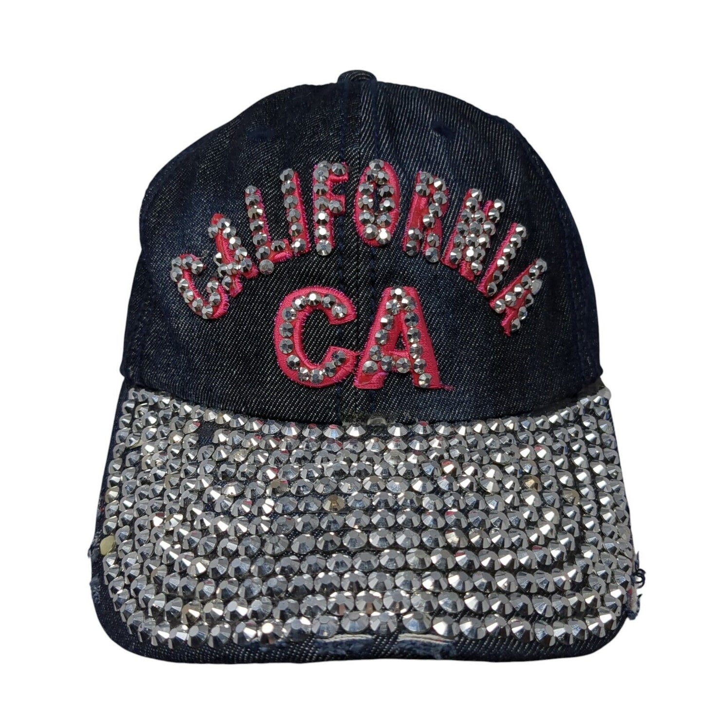 California CA Slideback Hat Blue One Size Adjustable Distressed Rhinestone Denim